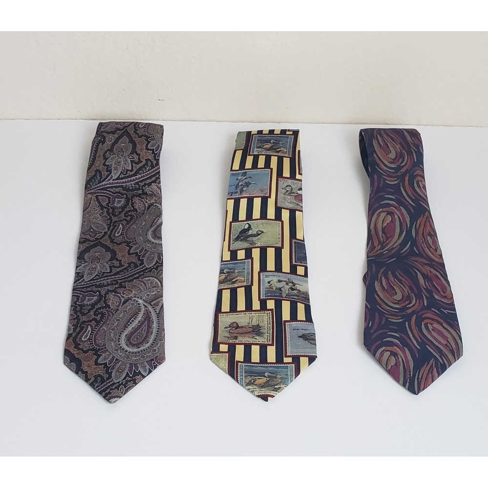 100% Silk Neckties Bundle 3pc Paisley Duck Stamp Abstract Swirl Work‎ Office